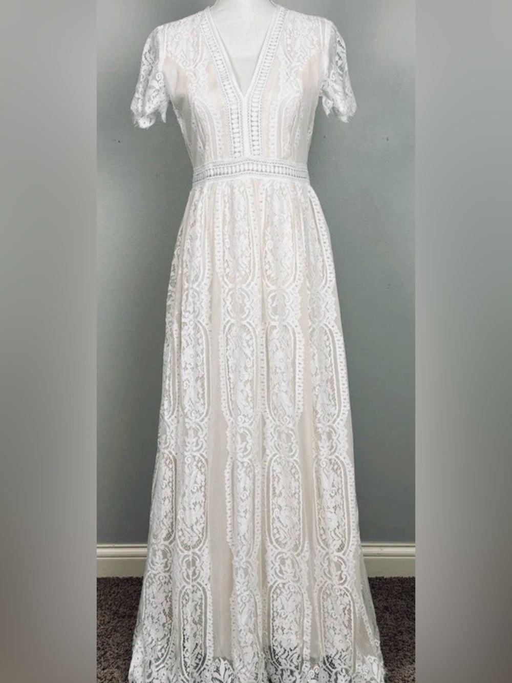 Eyelash Trim Lace Maxi Dress Small White Lined Wedding Bridal - Picture 3 of 3